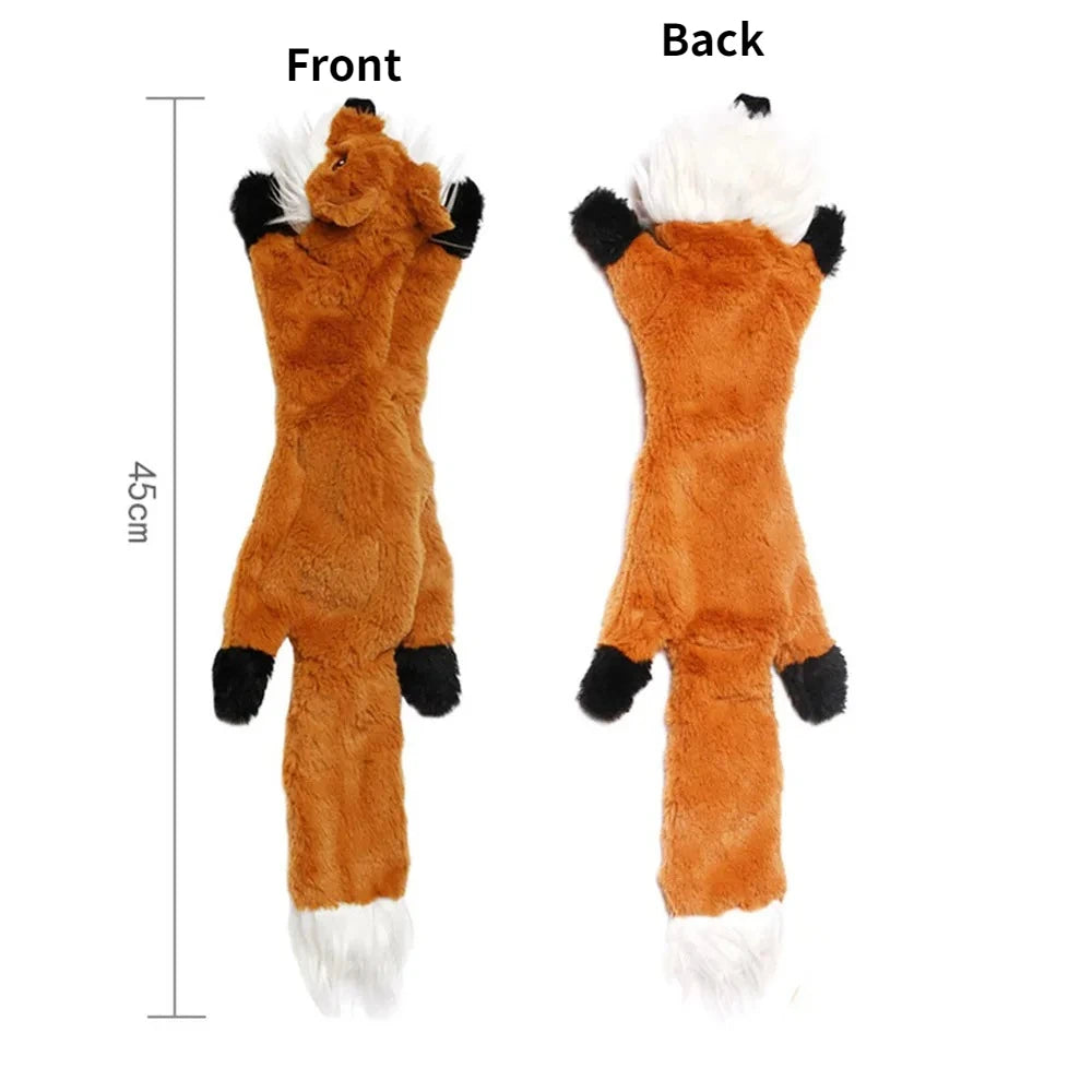 Front and back view of an orange plush dog toy with white fur accents
