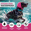 A black dog wearing a pink hearing protector is running through water, demonstrating waterproof and anti-noise features.