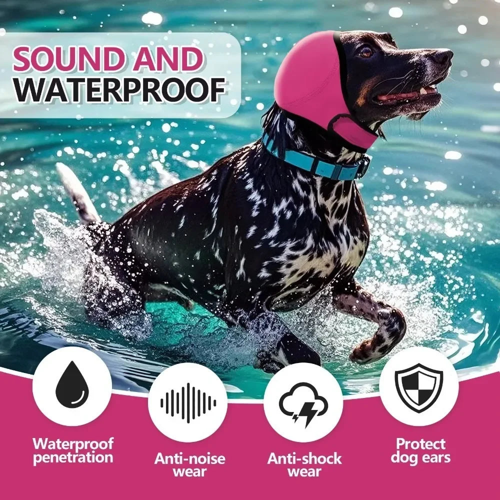 A black dog wearing a pink hearing protector is running through water, demonstrating waterproof and anti-noise features.