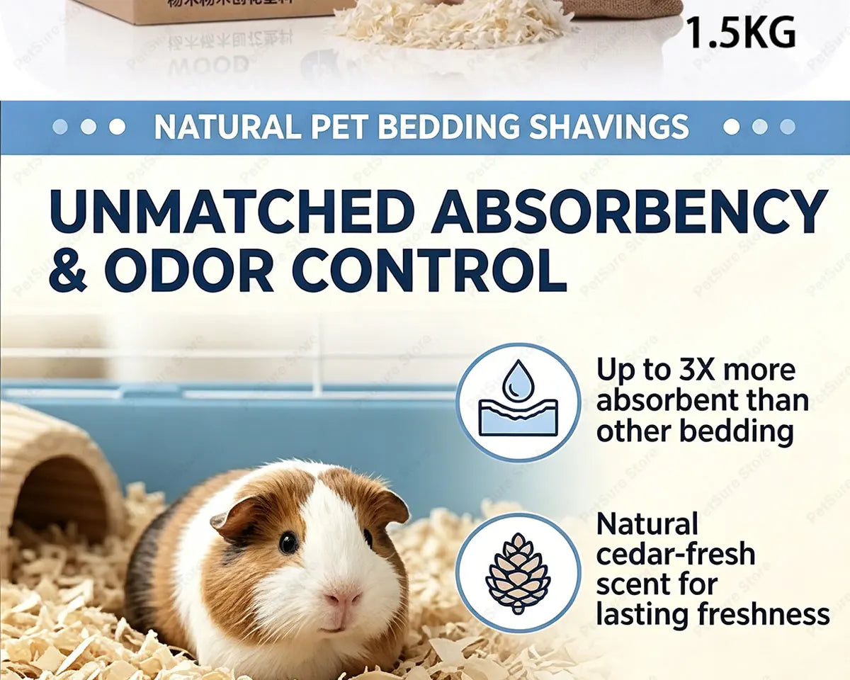 A guinea pig is shown resting on natural wood chip bedding, emphasizing absorbency and odor control.