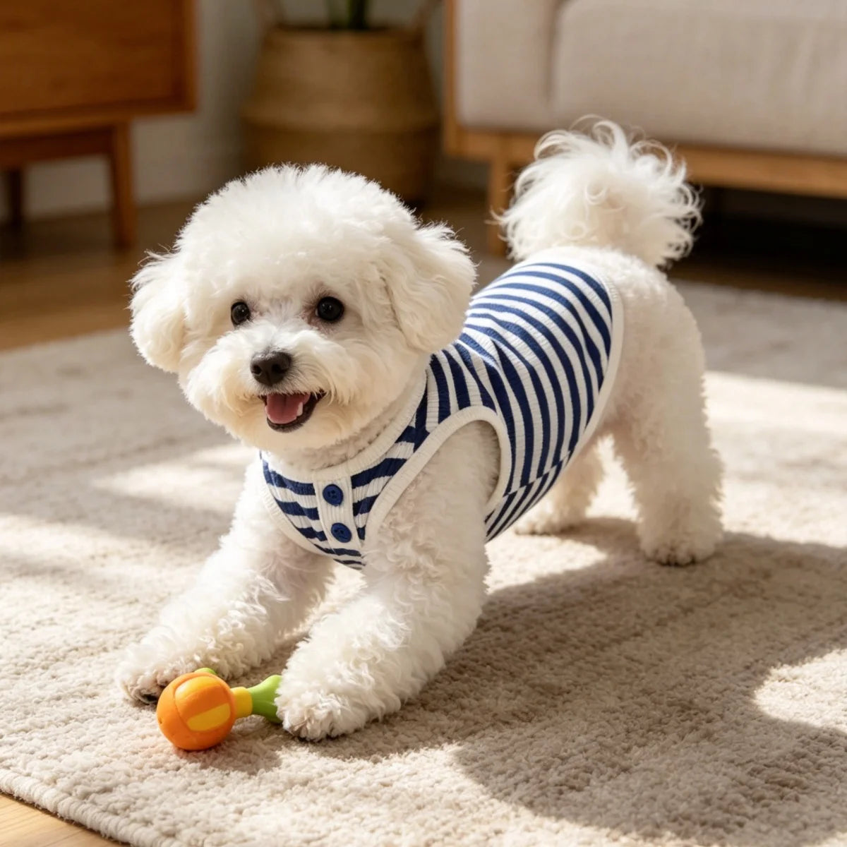 A fluffy white dog wearing a navy blue striped waffle knit tank top with a button detail sitting on a light rug.
