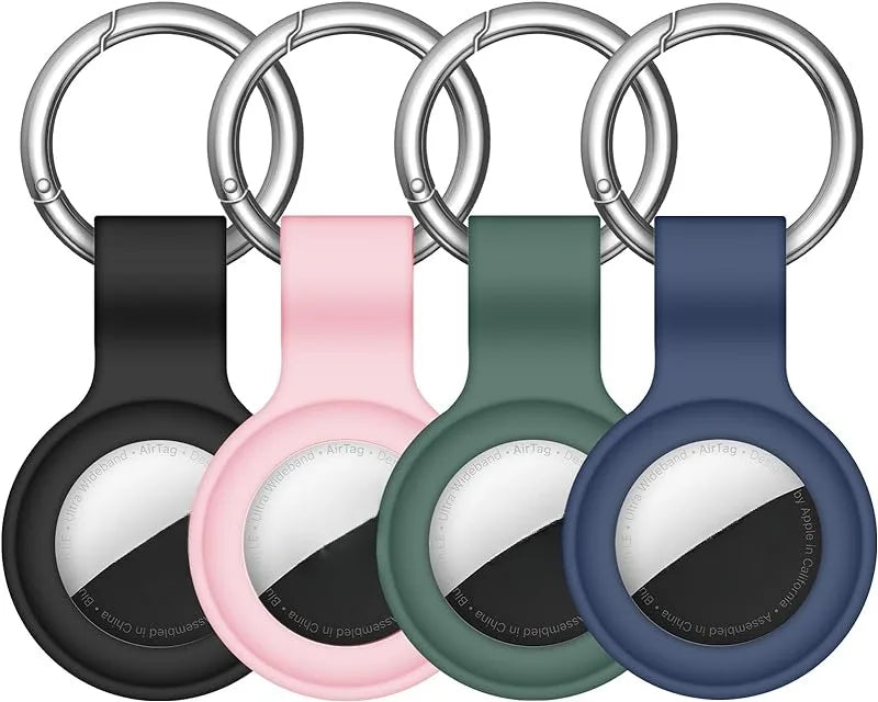 Silicone AirTag protective cover with keychain in various colors and finishes.