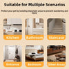 A product image showing a foldable metal mesh pet gate suitable for various scenarios like kitchen, bathroom, staircase, and 