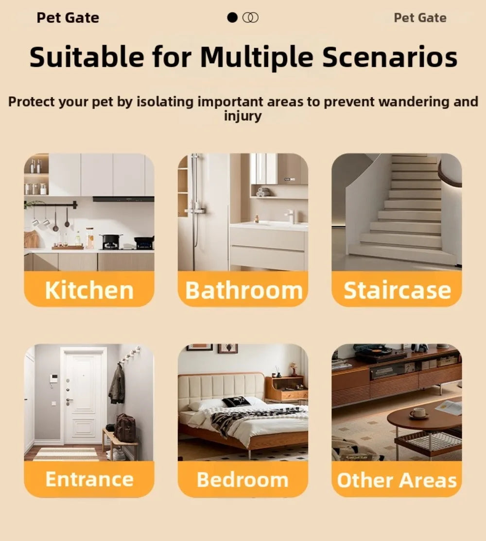 A product image showing a foldable metal mesh pet gate suitable for various scenarios like kitchen, bathroom, staircase, and 