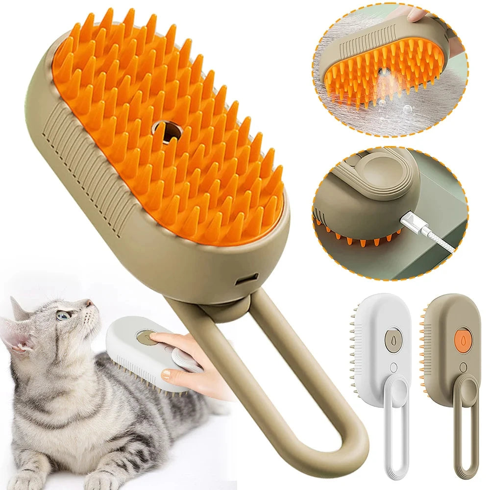 A beige pet grooming brush with an orange bristled head and a steam spray feature, shown alongside usage examples.