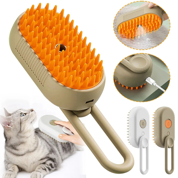 A beige pet grooming brush with an orange bristled head and a steam spray feature, shown alongside usage examples.