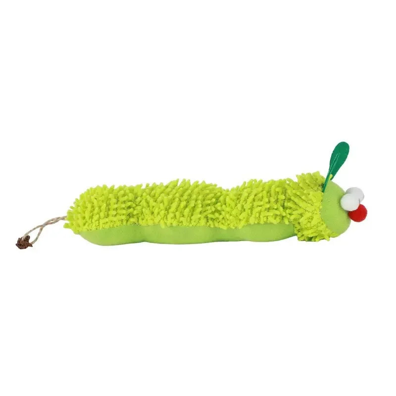 Helles limettengrünes, flauschiges Katzenkaugspielzeug mit grünem Ende und roter Kugel.