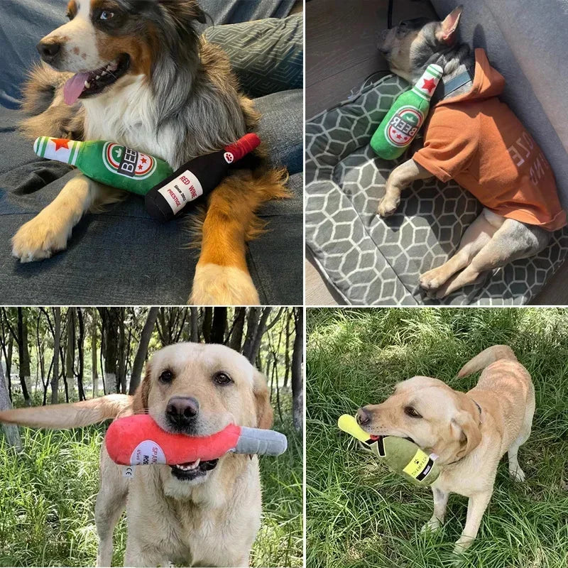 A dog is playing with a green beer bottle toy and an orange hoodie in the background.