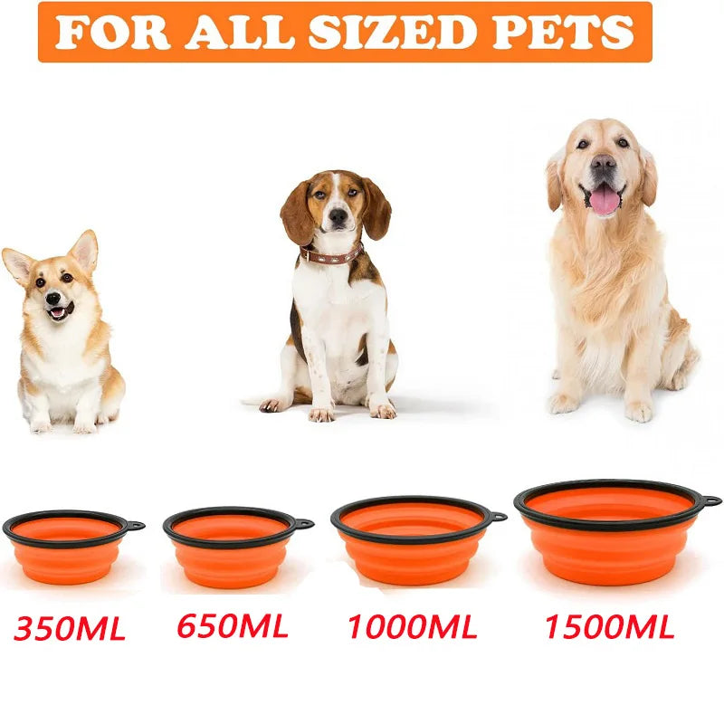 A set of orange silicone pet feeder bowls in various sizes, including 350ml, 650ml, 1000ml, and 1500ml.