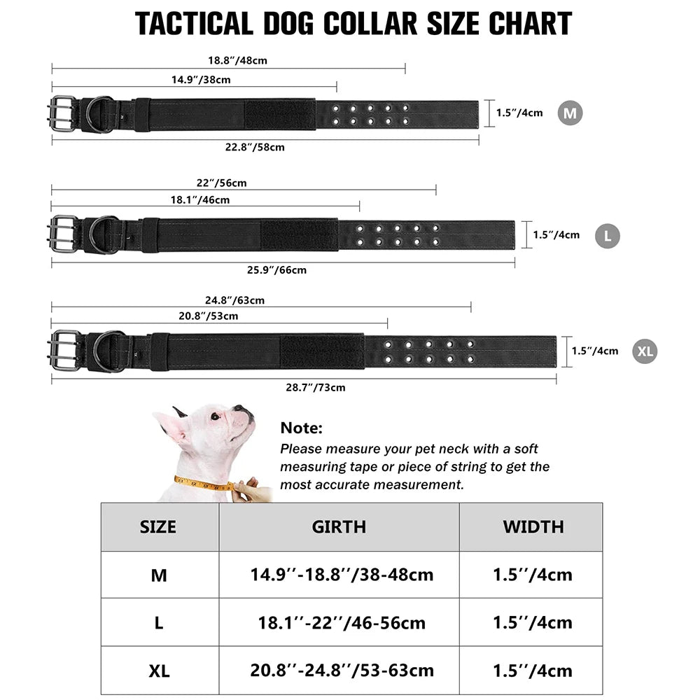 Size chart showing measurements for medium, large, and extra-large tactical dog collars.