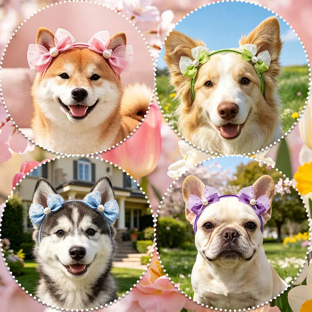 A collage of four dogs wearing handmade hair bows, including a Shiba Inu, a Golden Retriever, a Hokkaido dog, and a French Bu