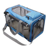 A blue breathable mesh pet carrier bag for cats and small dogs with gray straps.