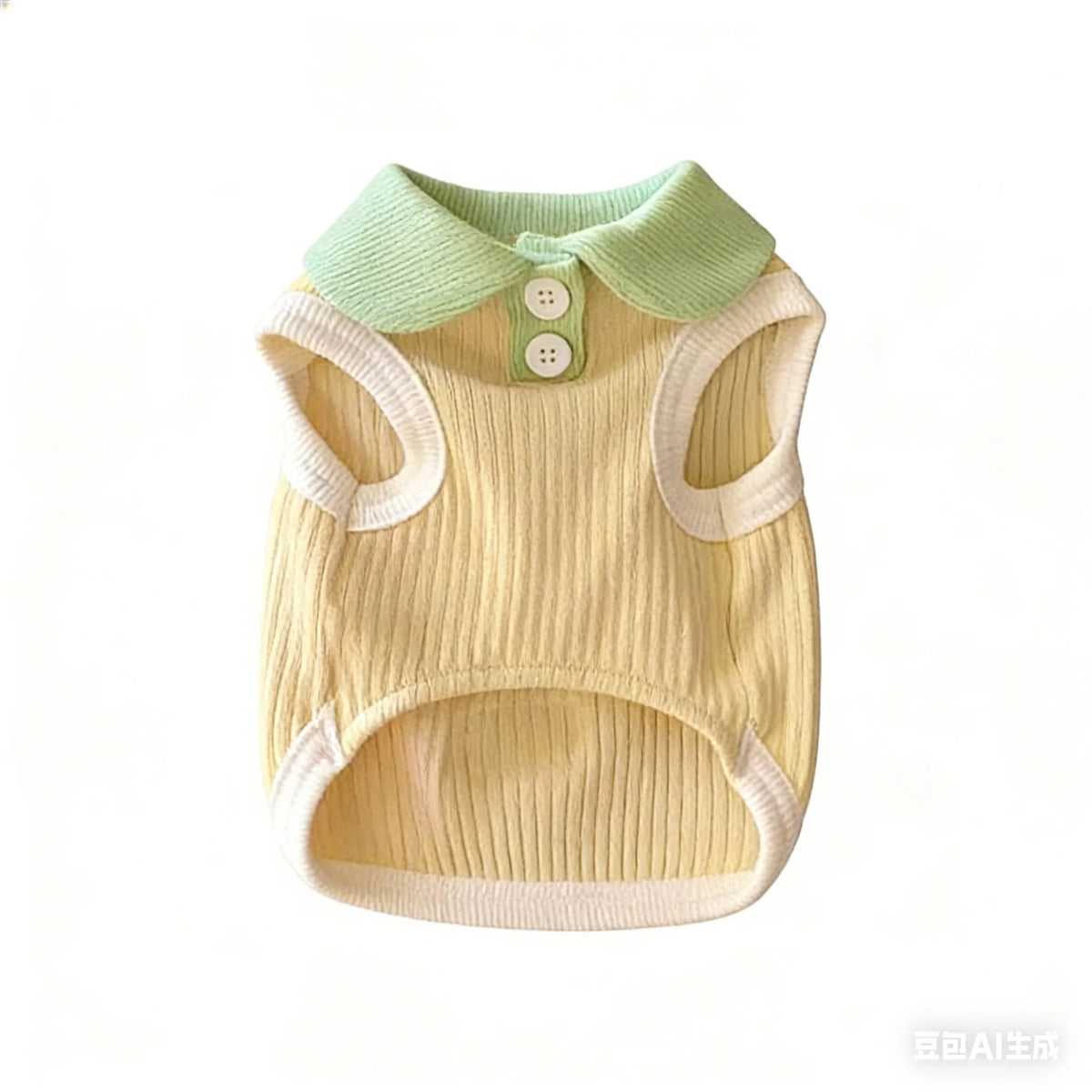 A yellow knitted dog shirt with a light green collar and lapel for a small breed.