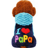 Costume de chien en polaire hivernal marron et bleu pour petite race, avec une tête duveteuse et un corps avec le texte I Pap