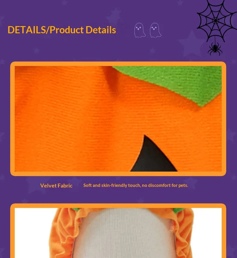 Primer plano de una calabaza de Halloween hecha de tela de terciopelo naranja para mascotas