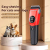 A red pet hair clipper is shown next to two cats and a dog, demonstrating its easy shaving capability.