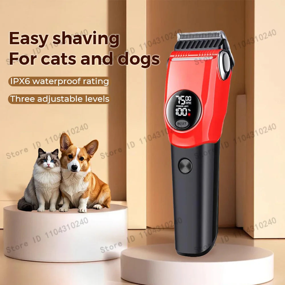 A red pet hair clipper is shown next to two cats and a dog, demonstrating its easy shaving capability.