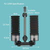 A black aquarium bio sponge filter with a surface skimmer, shown with dimensions and scalability information.