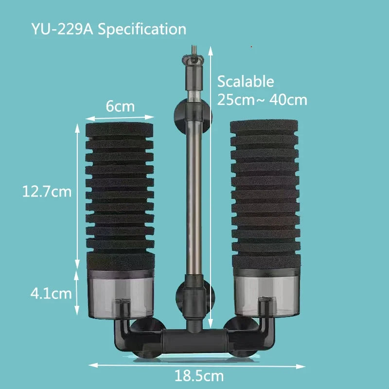 A black aquarium bio sponge filter with a surface skimmer, shown with dimensions and scalability information.