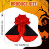 A red and black adjustable vampire cape for pets displayed against a Halloween-themed background.