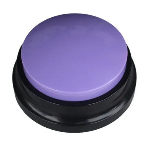 A purple recordable talking button for dog training with a black base.