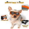 A small dog is wearing orange UV protection sunglasses with soft TPU frames and adjustable chin straps.