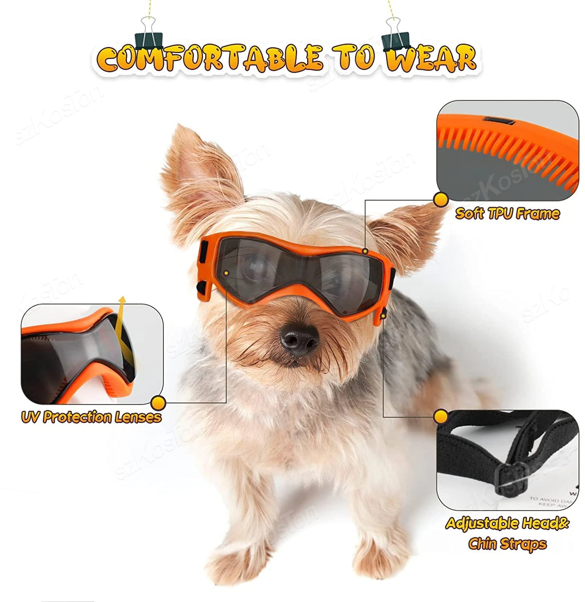 A small dog is wearing orange UV protection sunglasses with soft TPU frames and adjustable chin straps.