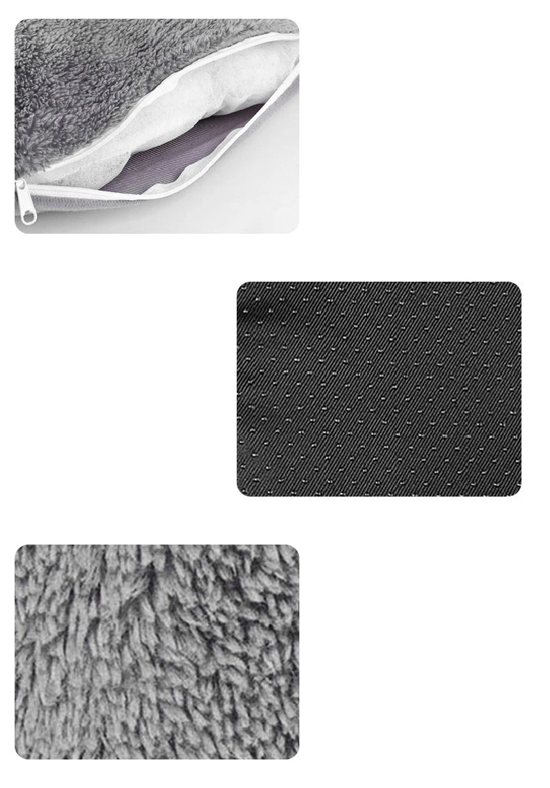 Close-up view of a gray fuzzy cushion and a black textured fabric piece.