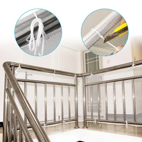 Stainless steel safety netting installed on a balcony railing and stairs.