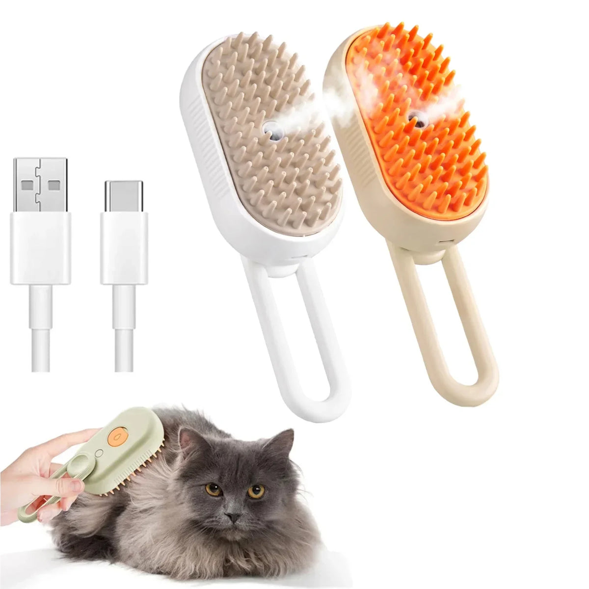 Ein Set aus drei Pflegebürsten, darunter eine Haarentfernungsbürste und eine Massagebürste, neben einer Katze.