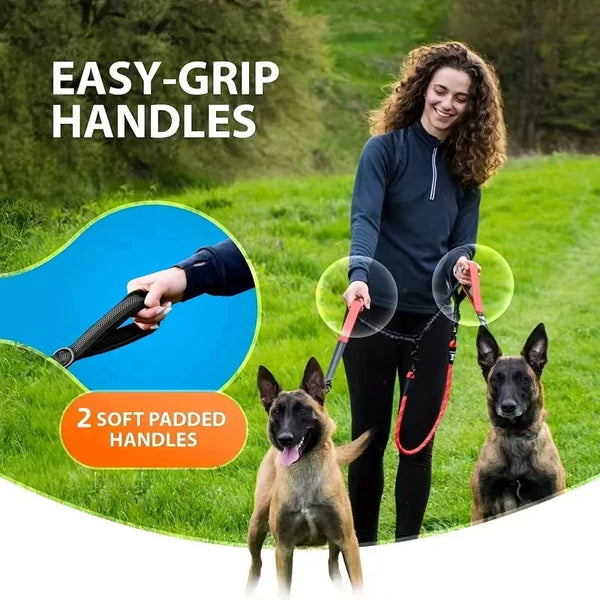 A woman is holding a dual dog leash coupler with easy-grip padded handles and bungee for walking a dog in a grassy field.