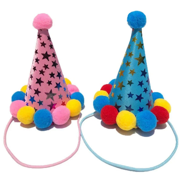 A set of sparkly blue and pink sequin pet party bandana and headwear with pom-poms