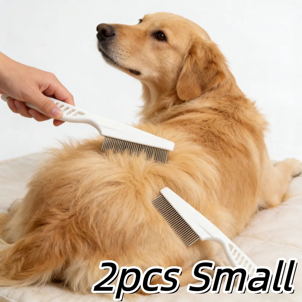 A hand is holding a small grooming comb and brush set for a golden retriever dog.