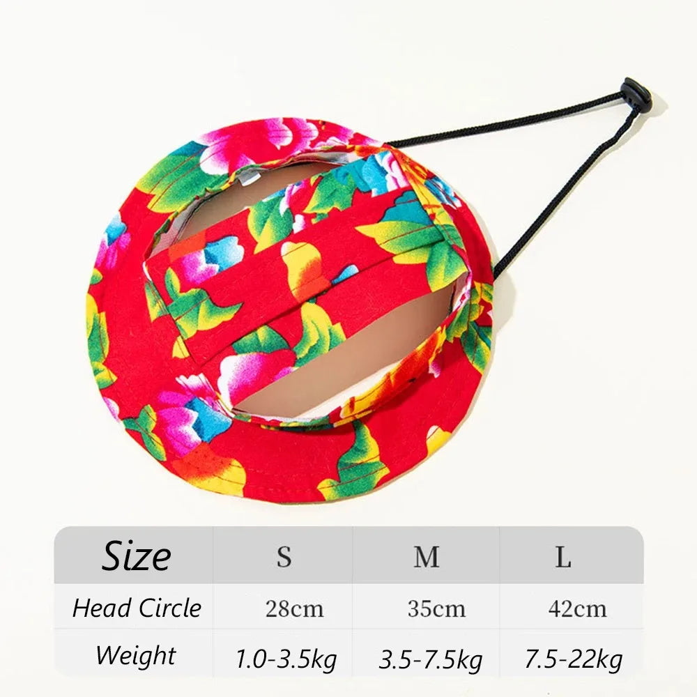 Roter blumiger Pet-Bucket-Hat mit schwarzen Ohrenschlauchen und Größentabelle.