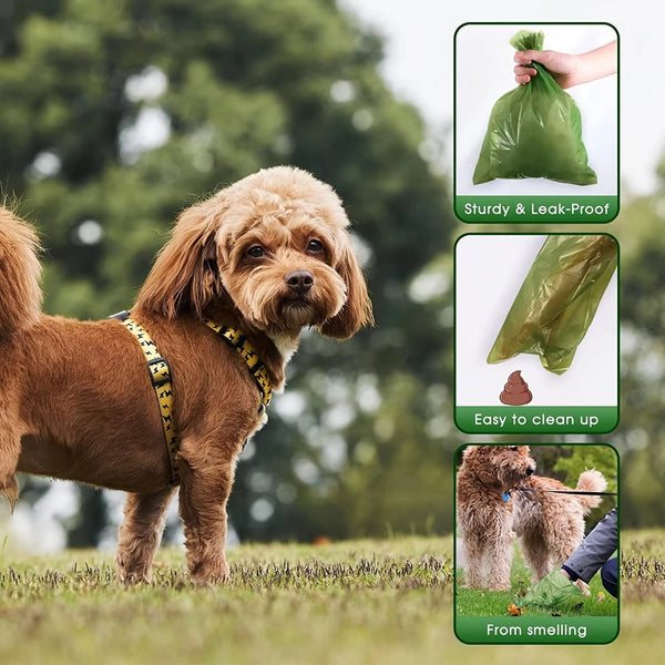 Biodegradable pet poop bags shown with features like sturdy construction, easy cleanup, and odor control.
