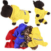A set of yellow and blue waterproof raincoats for dogs, including a jacket and pants.
