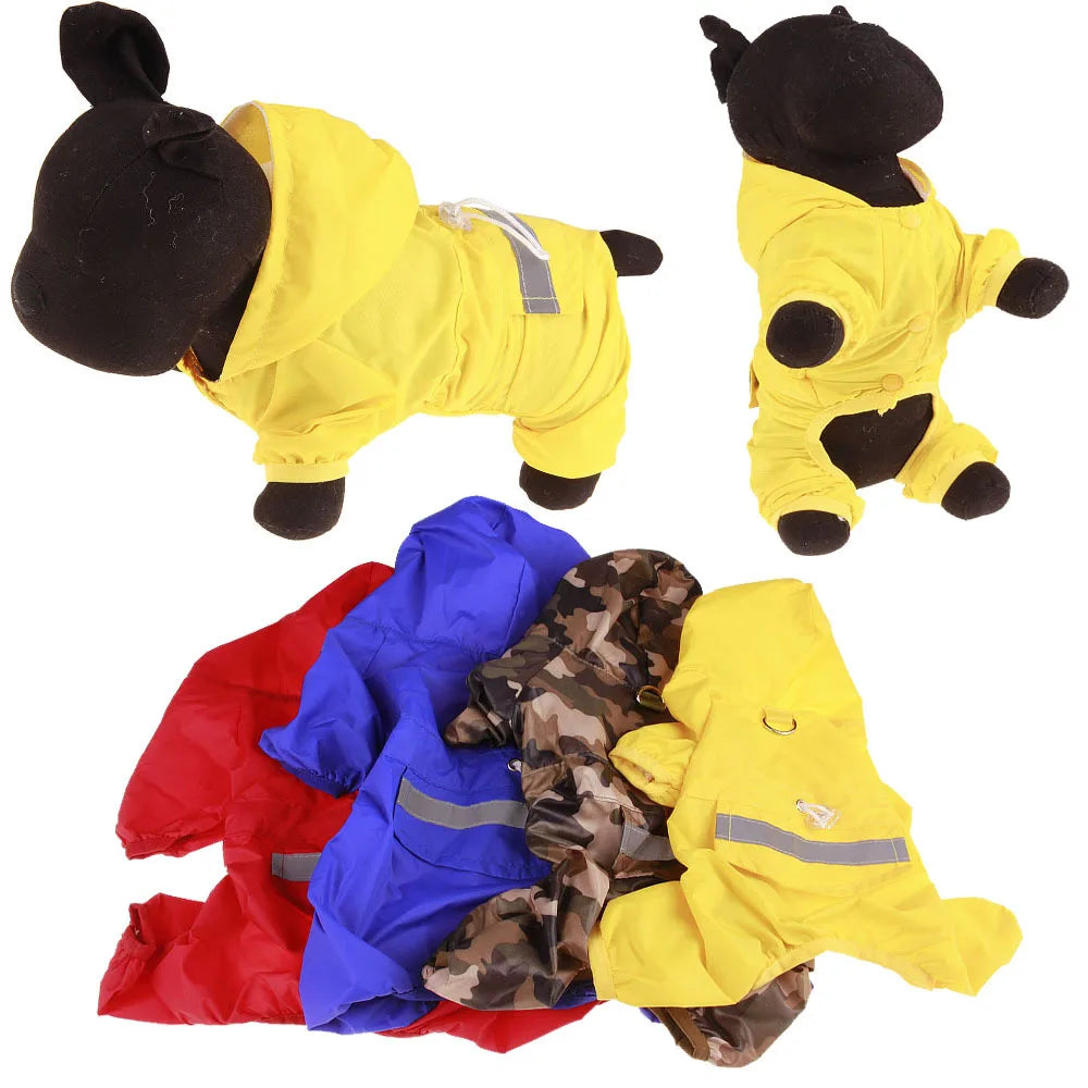 A set of yellow and blue waterproof raincoats for dogs, including a jacket and pants.