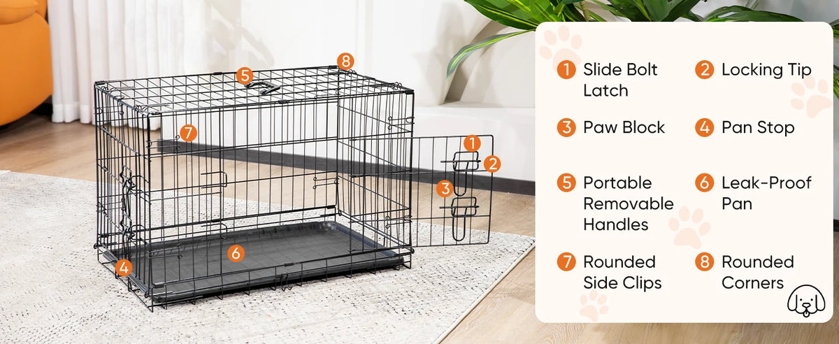 Jaula de metal plegable negra extra grande para mascotas con bandeja y piezas extraíbles sobre una alfombra.