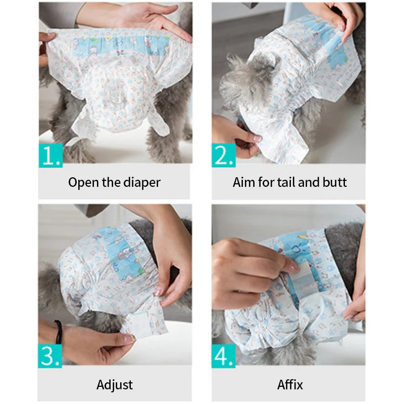 Four steps showing how to open, aim, adjust, and affix leakproof sanitary diapers for dogs