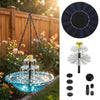 A solar-powered hanging bird bath fountain with a glass bowl and a circular solar panel.