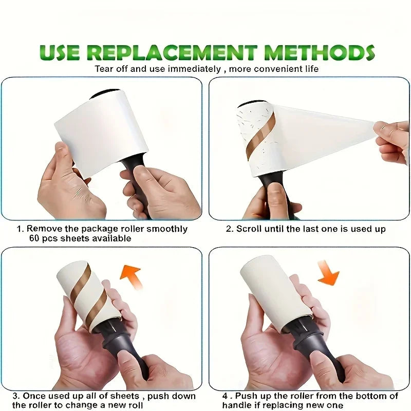 Instructions show how to use and replace the Ultra-Sticky Lint Roller for pet hair removal by removing, scrolling, and pushin