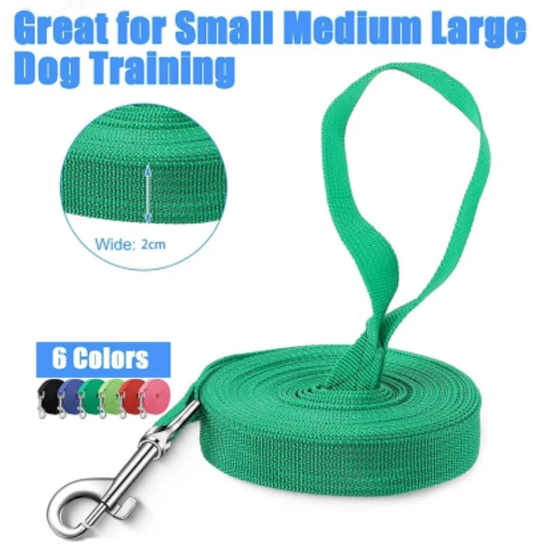 Green nylon dog training leash and collar with 6 color options shown alongside a fabric roll.