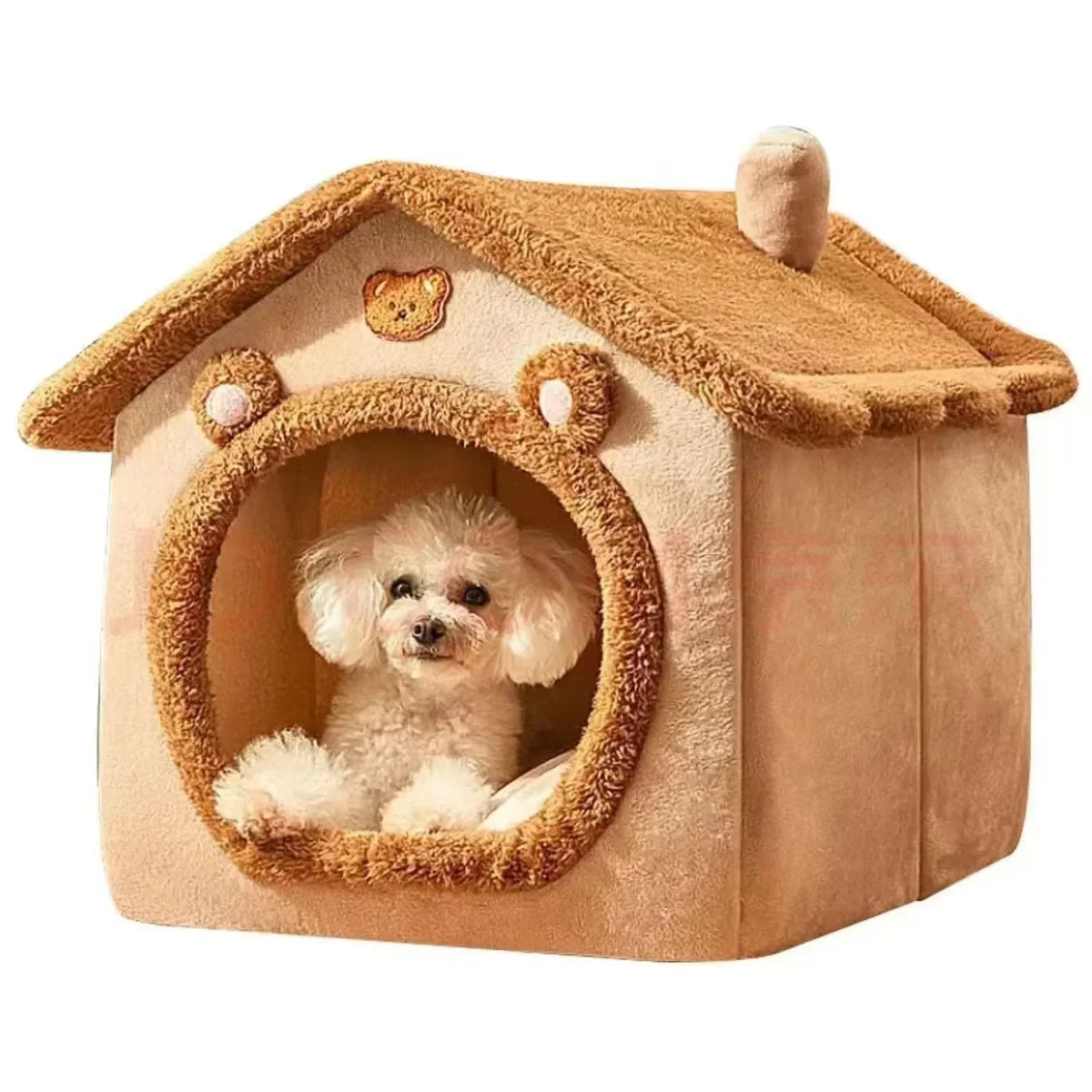 A light brown pet house with a round entrance featuring a fluffy white dog inside.