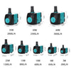 A set of submersible water pumps in black and teal, showing various flow rates from 35W to 2000L/H.