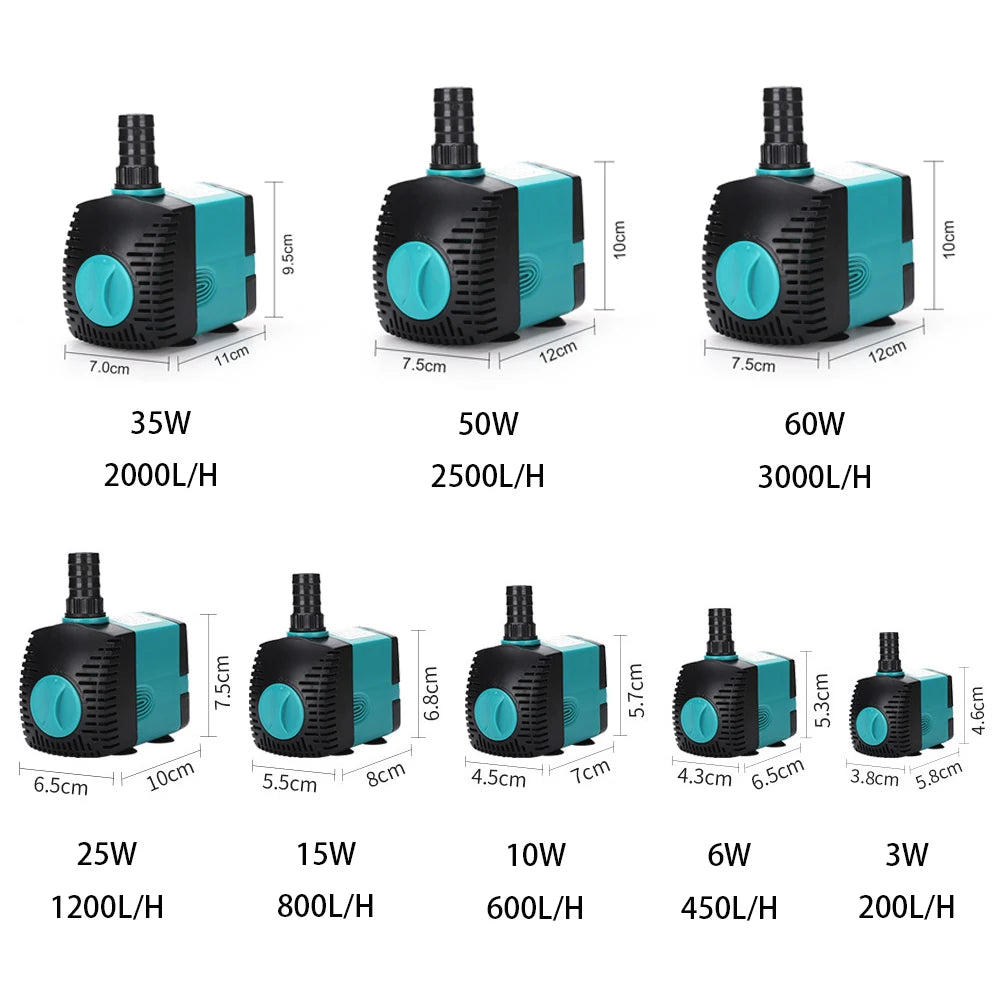 A set of submersible water pumps in black and teal, showing various flow rates from 35W to 2000L/H.