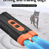 A black ultrasonic device with an orange tip is shown emitting sound waves near a dog in a snowy outdoor setting.