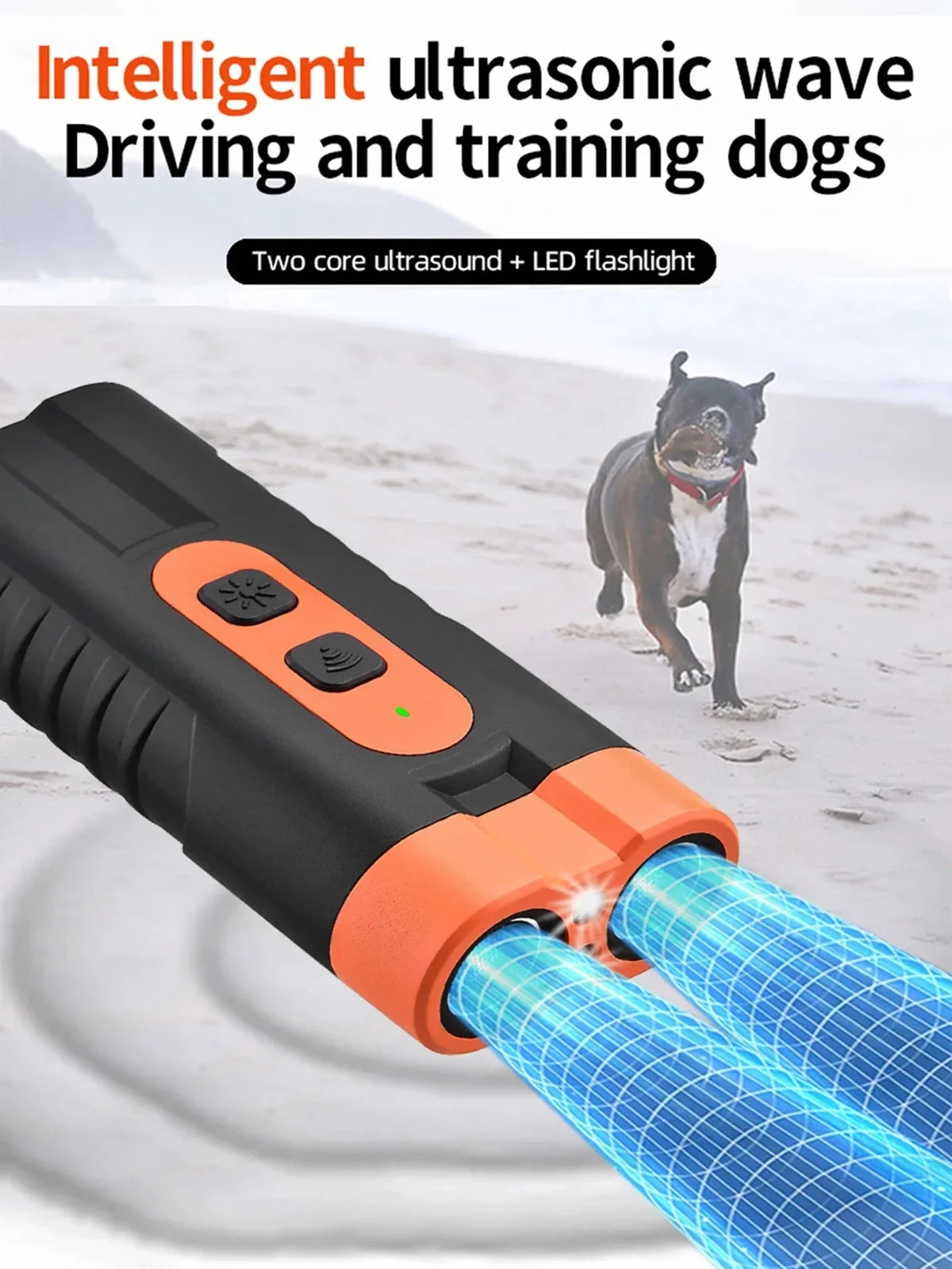 A black ultrasonic device with an orange tip is shown emitting sound waves near a dog in a snowy outdoor setting.