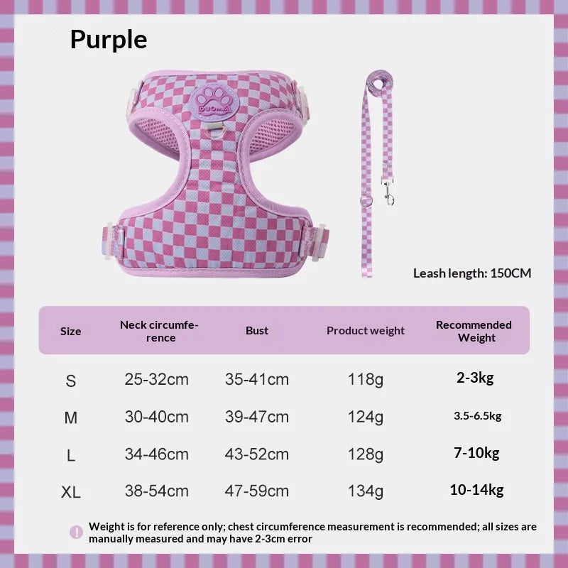 Pink checkered no-pull dog harness with leash for small dogs