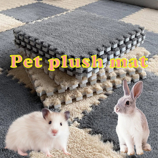 A fluffy white rabbit stands next to a gray pet plush mat on a carpeted surface.