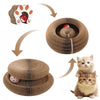 A foldable accordion cat scratcher with a bell and catnip, shown in various forms.